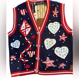 Vintage 1996 Eagles Eye 4th of July Sweater Vest Quilted Heart Button Covers PS
